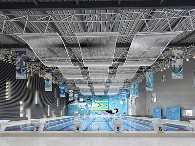 Indoor Swimming Pool Interior With Modern Metal Grid Ceiling Lane Markers And Suspended Banners 3d model