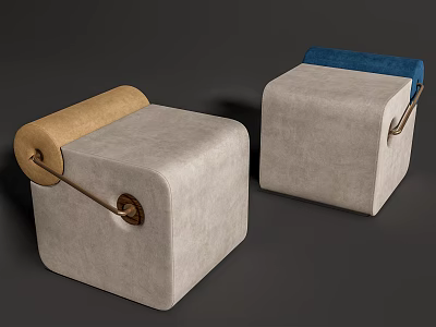 Gray Cube Shaped Sofa Stools Featuring Brown Rolled Edge Blue Cushion And Metal Handles 3d model