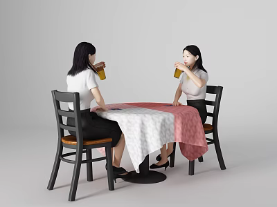 Two Women Sitting Together At Table Drinking Beverages With Patterned Tablecloth 3d model