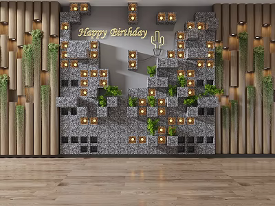 Living Plant Wall With Wooden Decor Stone Wall Small Lights Happy Birthday Sign Wooden Floor 3d model
