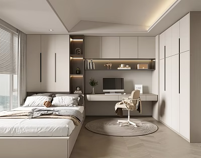 Modern Tatami Bedroom With White Wardrobe Desk Bed Window Blinds And Rug 3d model