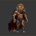 Mythical Lion Headed Warrior With Muscular Body Armor And Flowing Cloak Standing