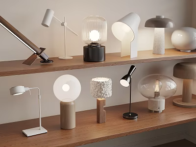 Various Modern Table Lamps Displayed on Wooden Shelves with Different Styles and Materials 3d model