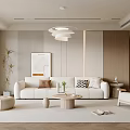 Modern Minimalist Living Room Interior With White Sofa Coffee Table Pendant Light And Area Rug