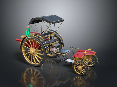 Antique Vintage Carriage With Black Canopy Golden Wheels Red Seats And Classic Design 3d model