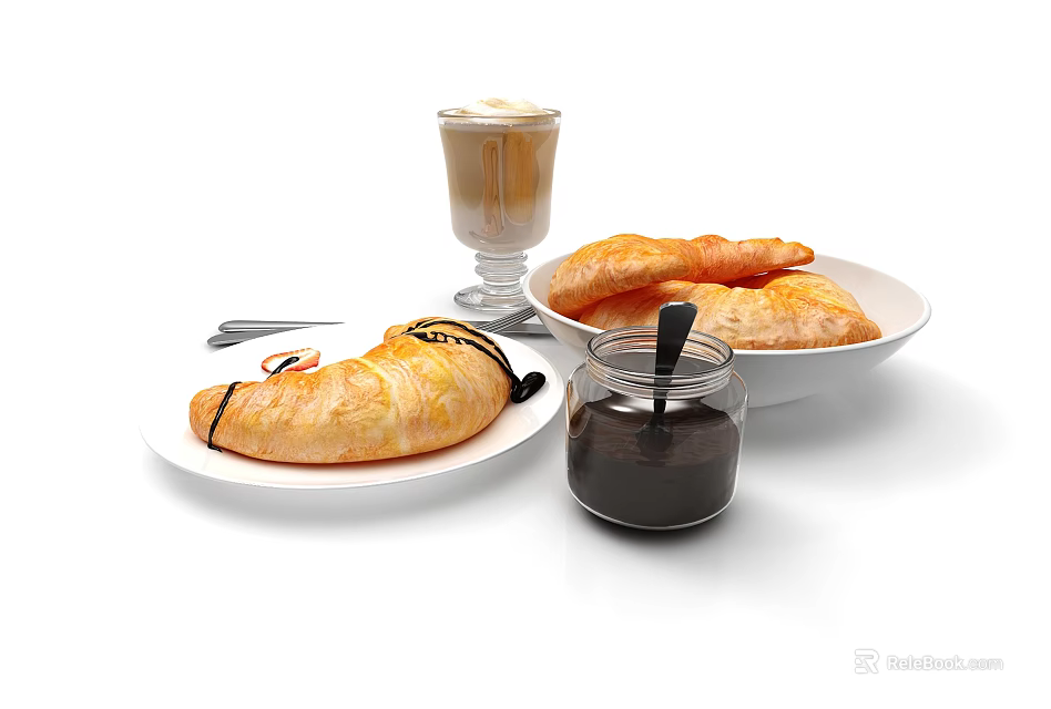 Fresh Buttery Croissants With Creamy Latte And Glass Jar Of Jam 3d model 