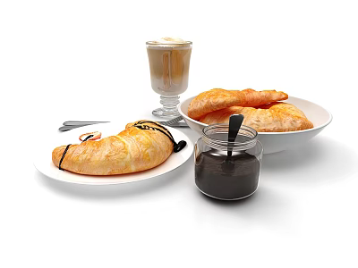Fresh Buttery Croissants With Creamy Latte And Glass Jar Of Jam 3d model