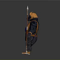 Fantasy Warrior Character Wearing Gold Blue Armor Holding Long Spear Weapon
