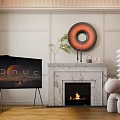 Modern Living Room Interior With Marble Fireplace Burning Fire Circular Wall Art And Green Plant