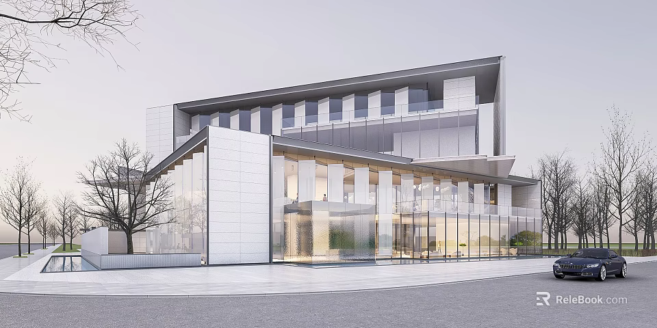 Modern Sales Center with Glass Curtain Wall White Facade and Contemporary Architectural Design 3d model 