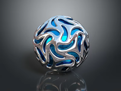Intricate Decorative Sphere With Hollow Blue And Silver Wave Pattern Shiny Surface 3d model
