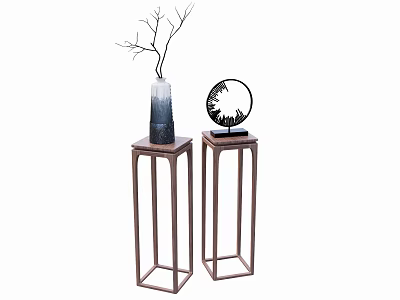 Bonsai Plant Display With Wooden Pedestals Vase Branches And Circular Decor 3d model