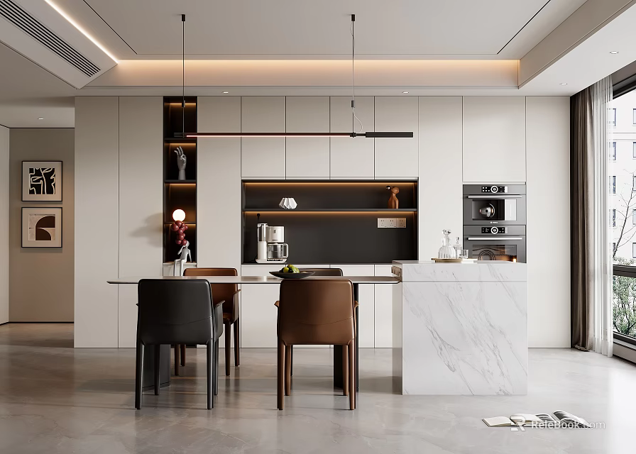 Modern Dining Room Interior Design With Marble Countertop Table Chairs Built-in Cabinets And Pendant Lights 3d model 