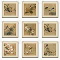Traditional Chinese Flower And Bird Art Framed Paintings Collection Set Of Nine