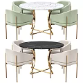 Modern Light Green And Beige Dining Chairs With Round Marble Tabletop And Golden Legs