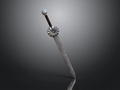 Ancient Metal Sword With Decorative Hilt Engraved Blade And Reflective Surface On Gray Background 3d model