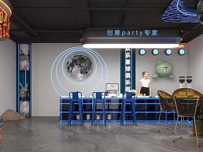 Space Themed Café Interior With Creative Party Decor 3d model