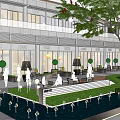 Modern Commercial District Landscape With Storefronts Outdoor Seating Greenery And Pedestrian Area