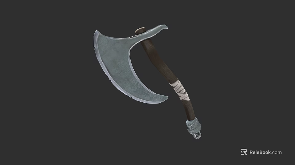 Medieval Battle Axe With Curved Blade Wooden Handle White Cloth Wrapped And Metal Decorated Base 3d model 