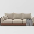 Light Beige Three Seater Sofa Set with Woven Armrests and Gray Throw Blanket 3d model