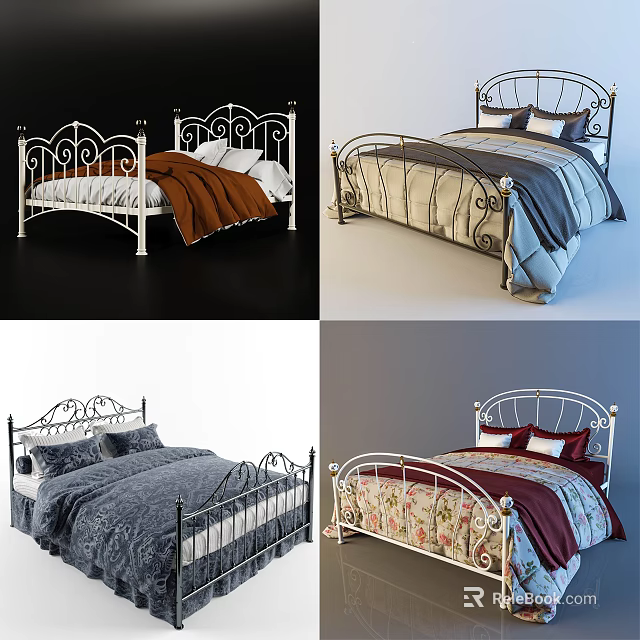 Ornate Iron Frame Double Bed With Comfortable Bedding And Decorative Styles 3d model