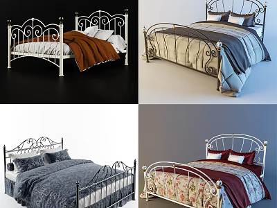 Ornate Iron Frame Double Bed With Comfortable Bedding And Decorative Styles 3d model