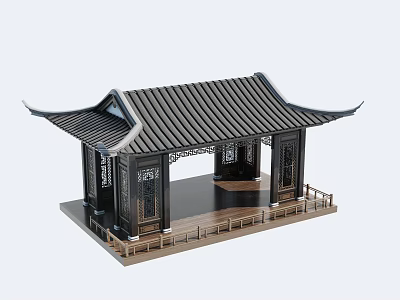 Chinese Style Garden Pavilion With Black Curved Eaves Roof Wooden Structure Carved Windows And Railings 3d model