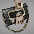Stylish Black Handbag With Gold Accents Spiked Chain And Digital Watch