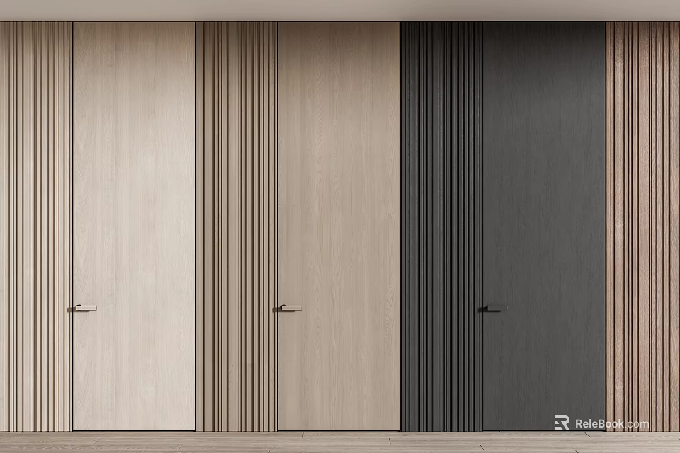Modern Flush Doors With Wood Grain Vertical Stripes In Light And Dark Tones 3d model 