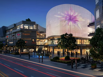 Modern Commercial Street With Perforated Facade Purple Pattern Evening Lighting Pedestrians Trees And Traffic Trails 3d model