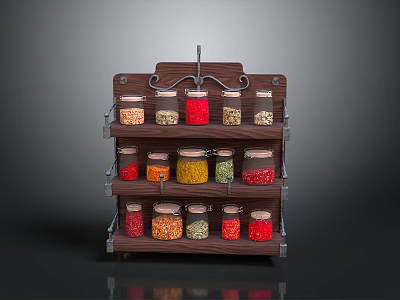 Wooden Spice Rack Storage Organizer With Glass Jars And Colorful Spices 3d model