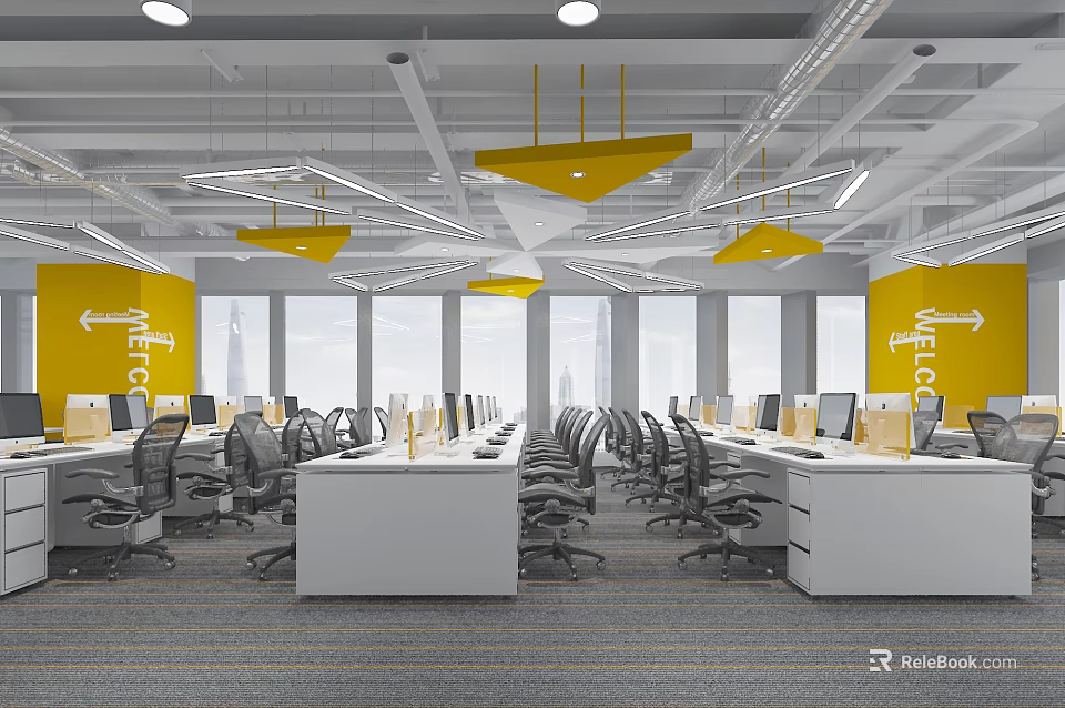Public Office Space Featuring Yellow Accent Walls Pendant Lights And Modern Workstations 3d model 