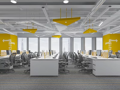 Public Office Space Featuring Yellow Accent Walls Pendant Lights And Modern Workstations 3d model