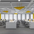 Public Office Space Featuring Yellow Accent Walls Pendant Lights And Modern Workstations