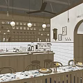 Cozy Restaurant Interior with Wooden Bar Counter Stools Hanging Lights Large Windows and Patterned Floor
