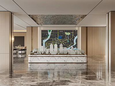Luxury Sales Office Interior Featuring Marble Counter Property Model And City Map 3d model