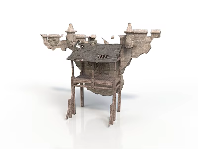 Ancient Stone Building Structure Featuring Medieval Towers And Wooden Support Columns 3d model