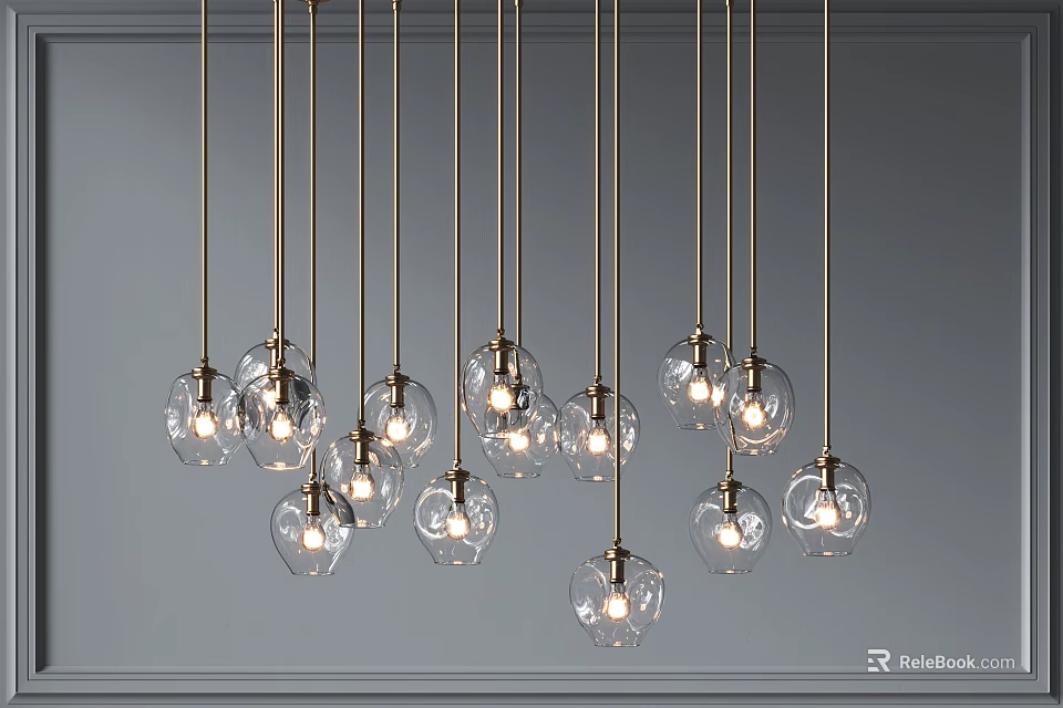 Modern Multiple Glass Globe Pendant Lights With Brass Metal Rods In Interior Design 3d model 