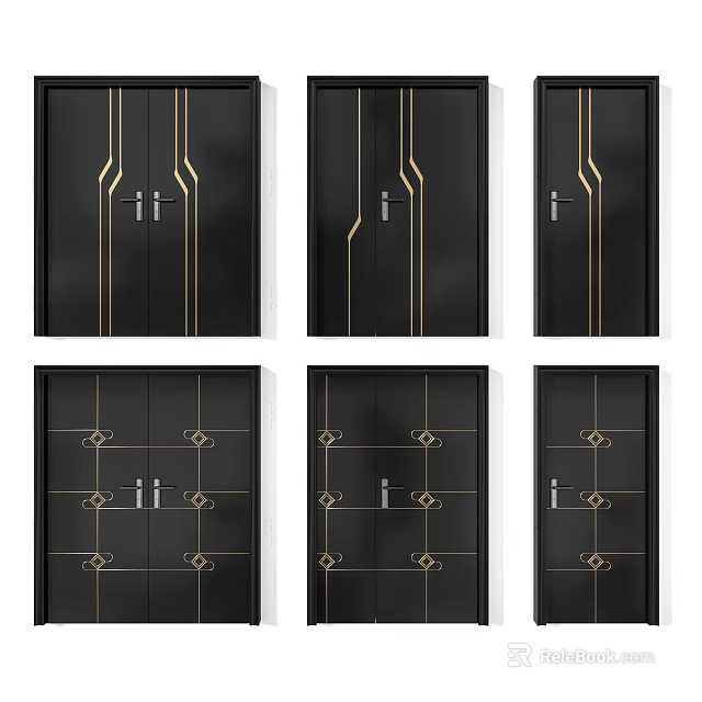 Modern Black Swing Doors With Gold Decorative Lines And Patterns 3d model 
