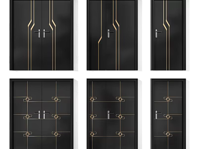 Modern Black Swing Doors With Gold Decorative Lines And Patterns 3d model
