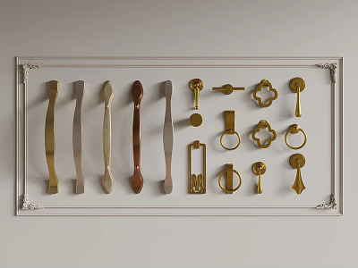 Various Decorative Metal Door And Cabinet Handles Different Styles And Finishes In White Frame 3d model
