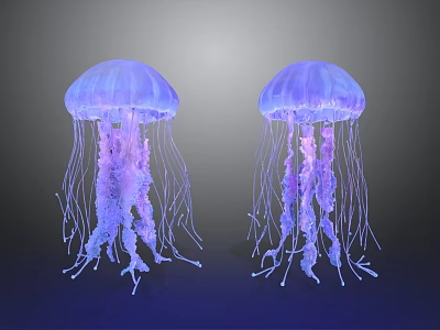 Two Vibrant Glowing Jellyfish With Purple Blue Tentacles In Aquatic Environment 3d model