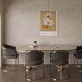 Modern Round Dining Table Set With Metal Frame Chairs And Hanging Pendant Light 3d model