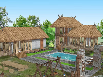 Rustic Thatched Roof Homestay Building Featuring Swimming Pool And Lush Greenery 3d model