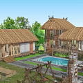 Rustic Thatched Roof Homestay Building Featuring Swimming Pool And Lush Greenery