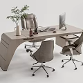 Modern Office Desk with Computer Monitor Potted Plant Keyboard Mouse and Ergonomic Chairs