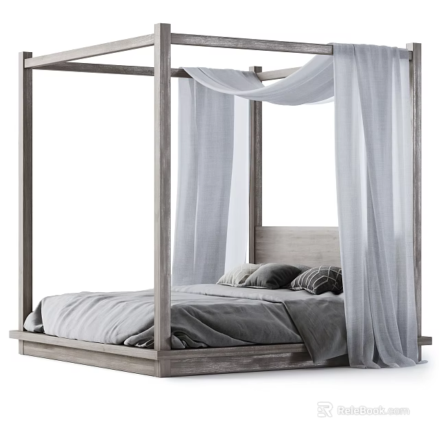 Modern Double Bed with Wooden Four-Poster Frame White Curtains and Gray Bedding Pillows 3d model 