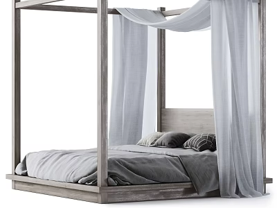 Modern Double Bed with Wooden Four-Poster Frame White Curtains and Gray Bedding Pillows 3d model