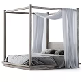 Modern Double Bed with Wooden Four-Poster Frame White Curtains and Gray Bedding Pillows