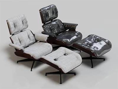 Modern Lounge Chair Set with Light Gray Fabric and Silver Leather Ottoman Design 3d model